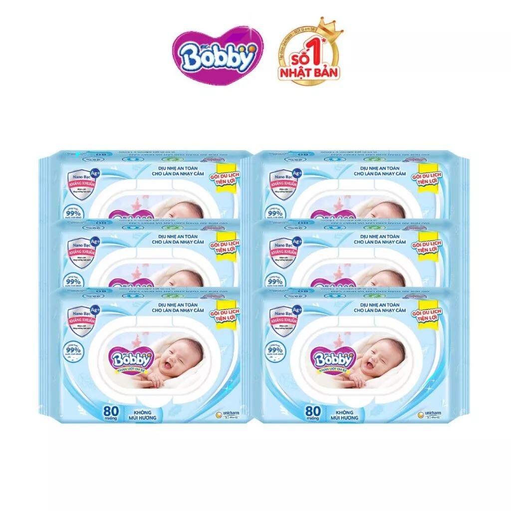 Bộ 6 gói khăn giấy ướt Bobby không  mùi 80 miếng