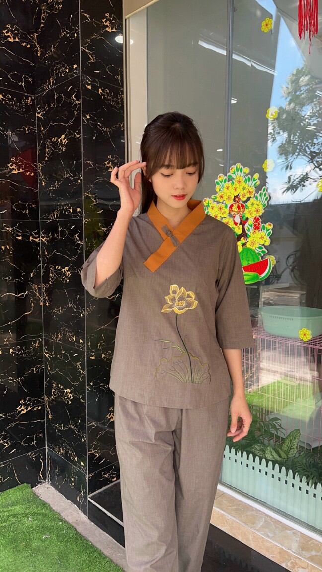 Đồ lam đi chùa, đồ phật tử nữ Vải tixi 1 nút thêu