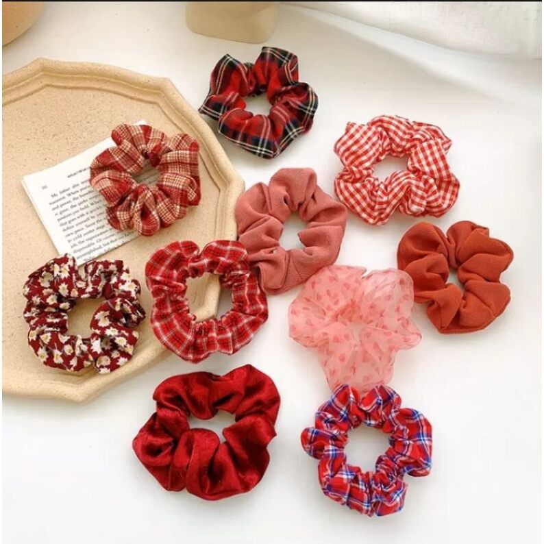 Set 10 thun cột tóc scrunchies tone màu đỏ buộc tóc hottrend