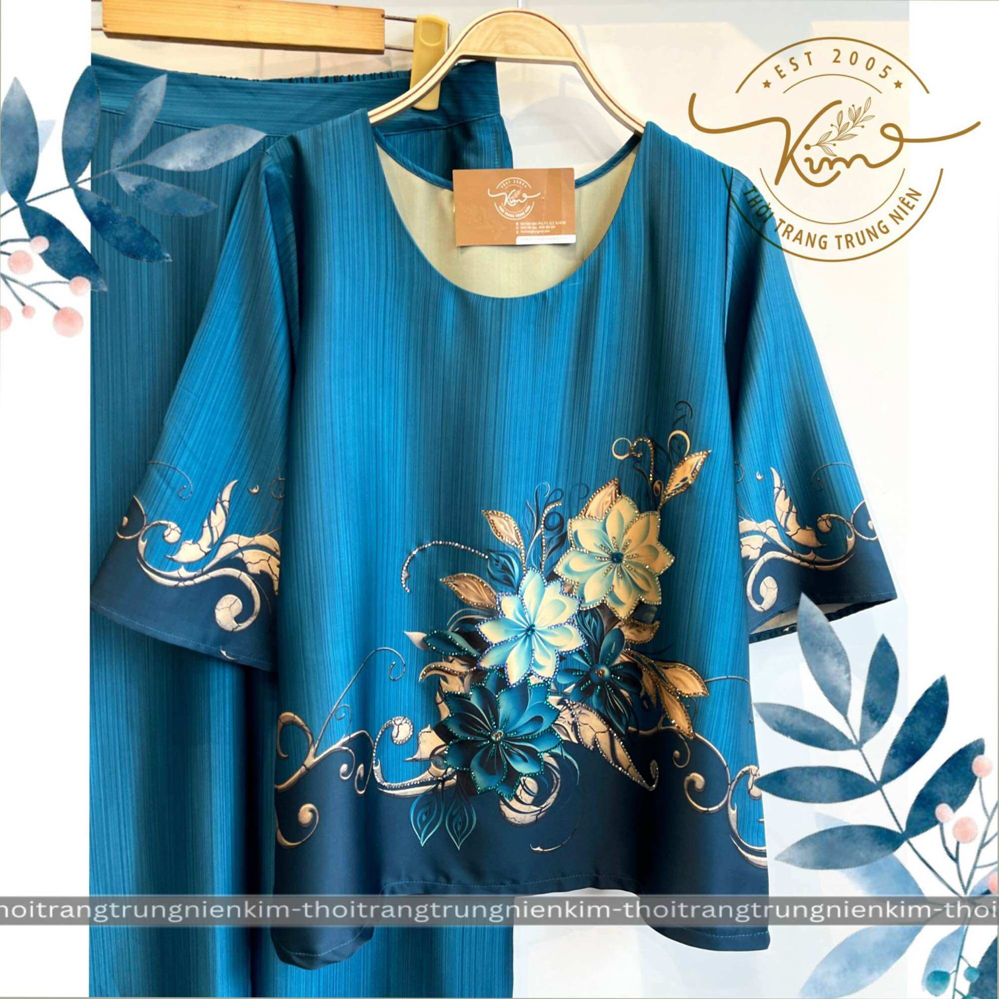 Sét bộ lụa đính đá trung niên cao cấp hoa văn hoạ tiết sang trọng Bigsize quần dài 90cm