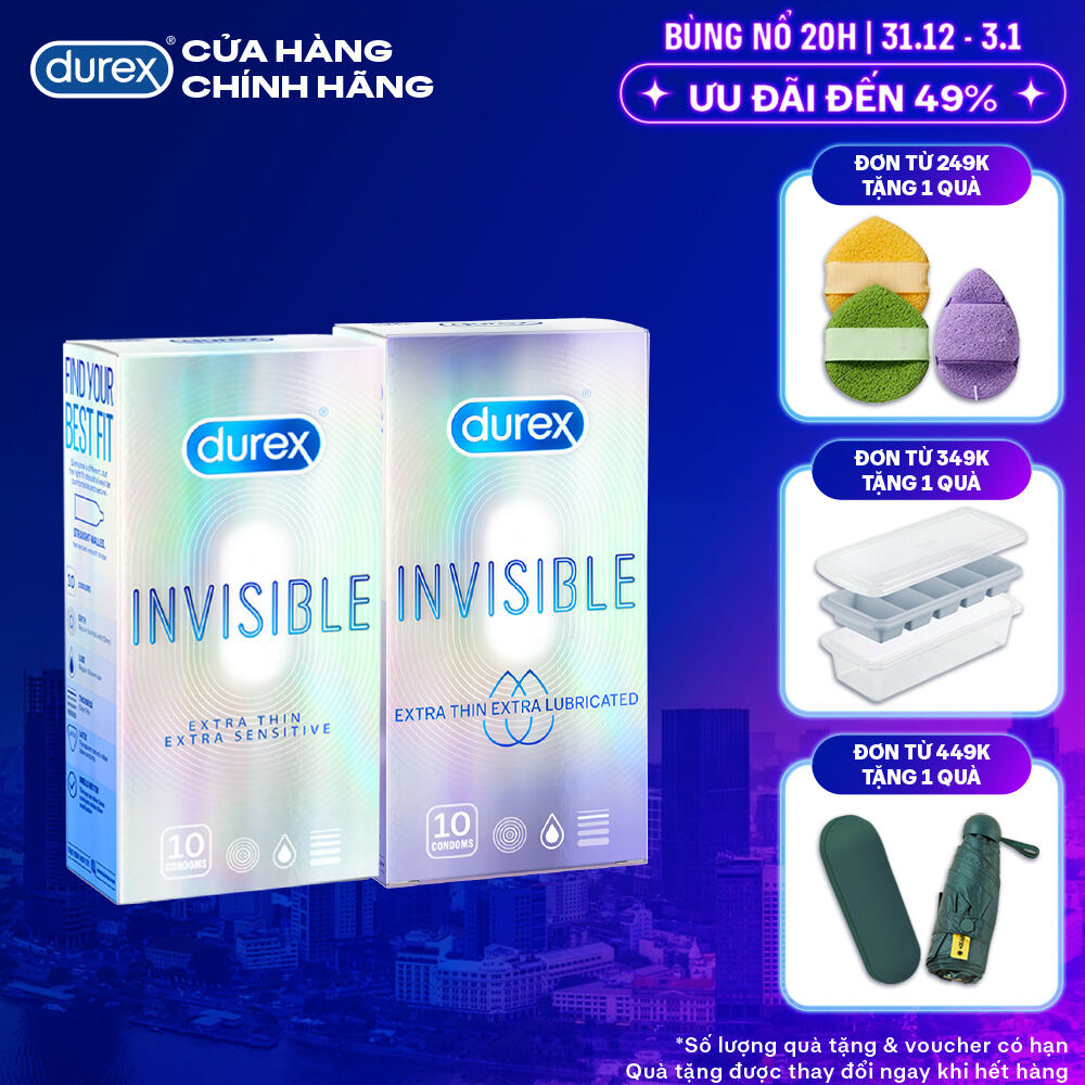 BỘ 1 HỘP BAO CAO SU siêu mỏng thêm bôi trơn DUREX INVISIBLE LUBRICATED và 1 HỘP DUREX INVISIBLE EXTRA THIN EXTRA SENSITIVE  52 mm 10 bao hộp  