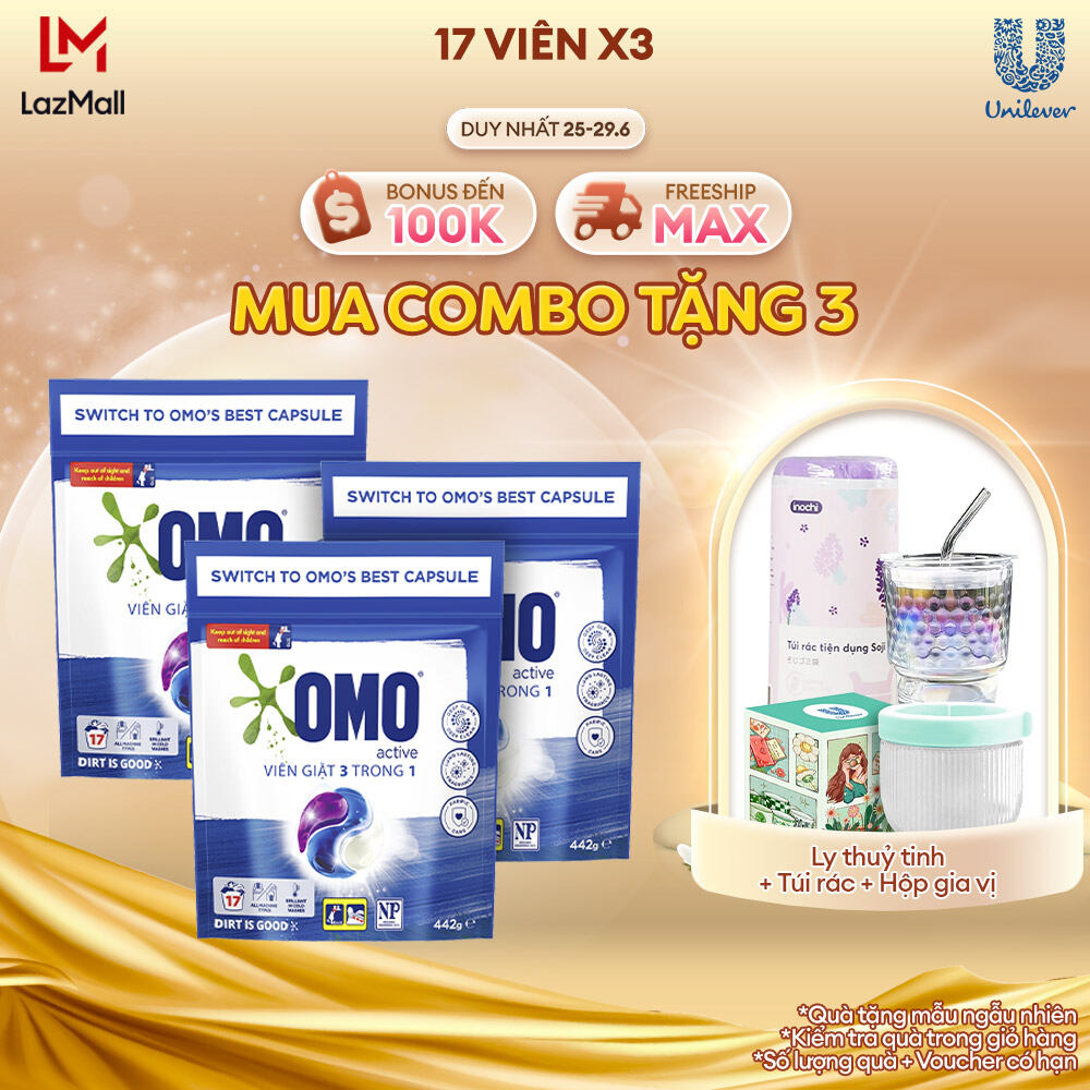 Combo 3 túi viên giặt tiện lợi OMO Bền Màu với Công Nghệ Anh Quốc 3 trong 1, túi 17 viên
