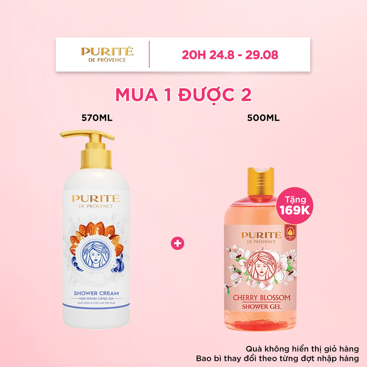 Combo kem tắm purite mịn màng sáng da 570ml và sữa tắm purite anh đào 500ml