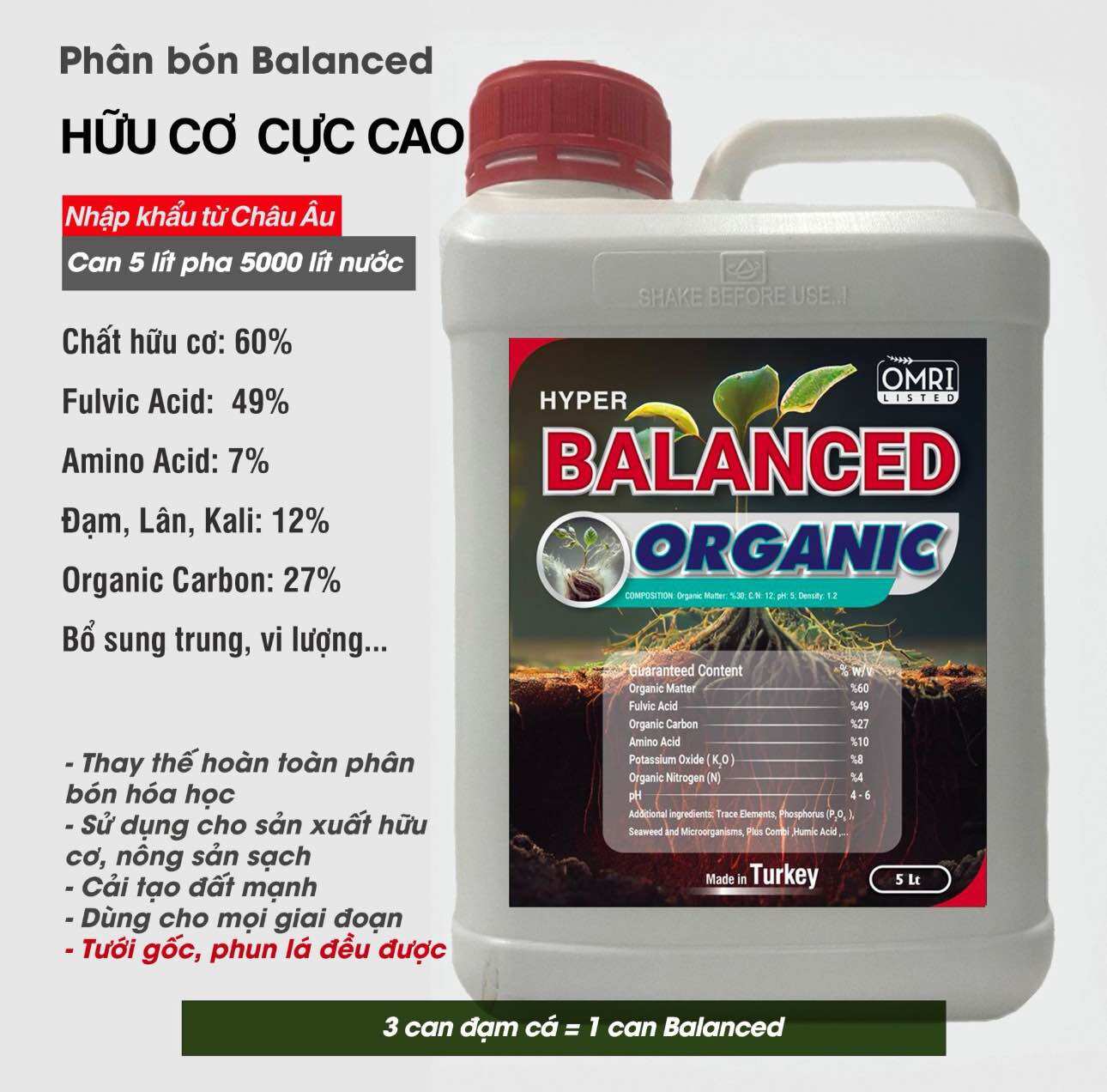 Phân bón dinh dưỡng hữu cơ cân bằng nhập khẩu Châu Âu - Can 5 lít pha 5000 lít nước