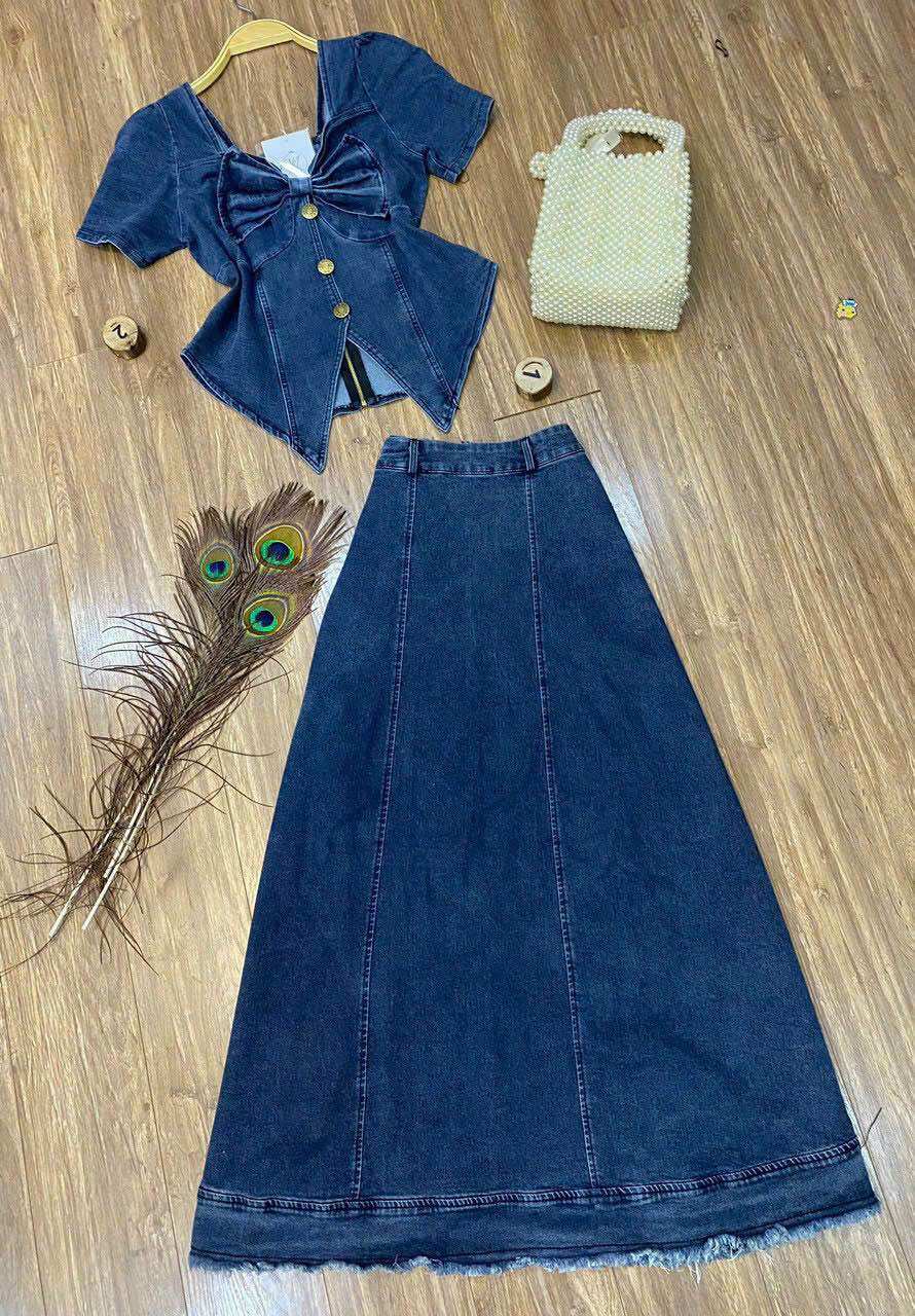 (SHOP TÁO ĐỎ BIGSIZE 50KG ĐẾN 90KG) set jean áo nơ chân váy dài