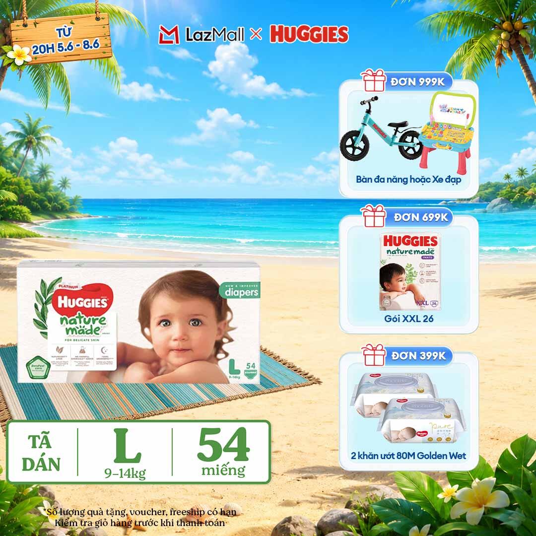 [CHỈ 9-10.6 QUÀ TẶNG ĐƠN 399K](Mua 1 tặng 1) Tã/Bỉm dán HUGGIES PLATINUM NatureMade L54 (9-14kg)-Gói Jumbo 54 miếng