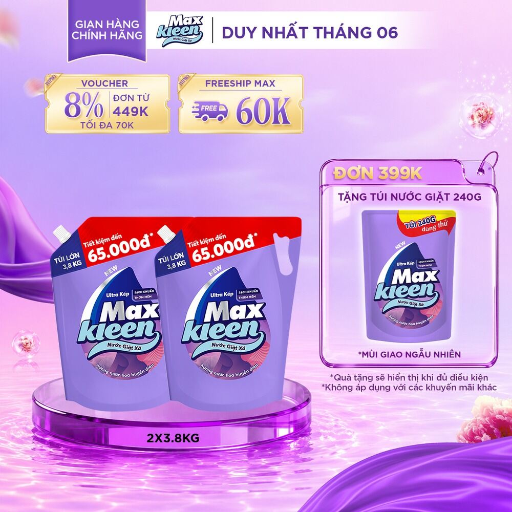 Combo 2 túi nước giặt xả cho máy giặt MaxKleen hương Hoa nắng/ Huyền diệu/ Vườn sớm mai 3.8kg