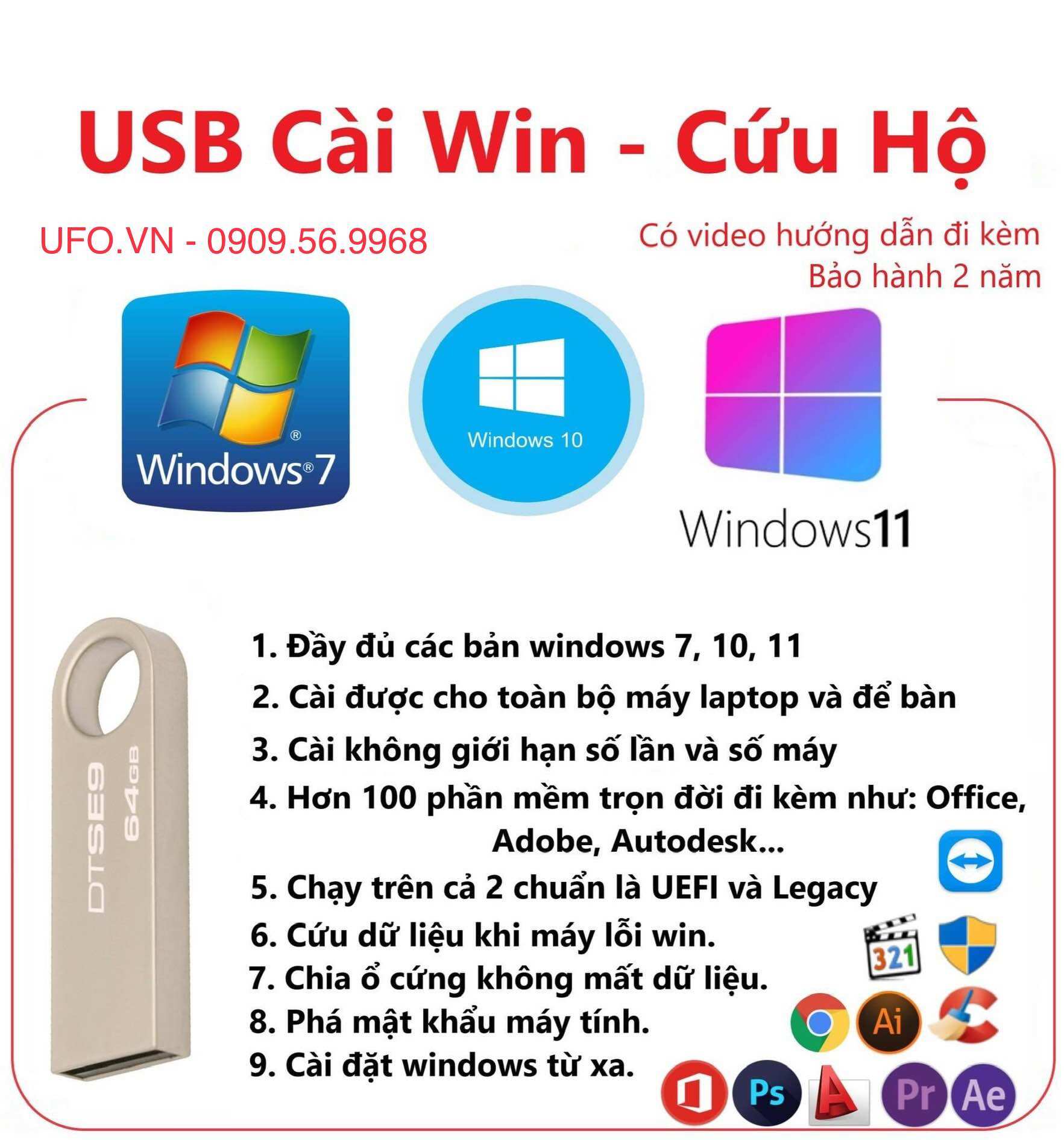 USB cài Win 7 10 11 full phần mềm đi kèm
