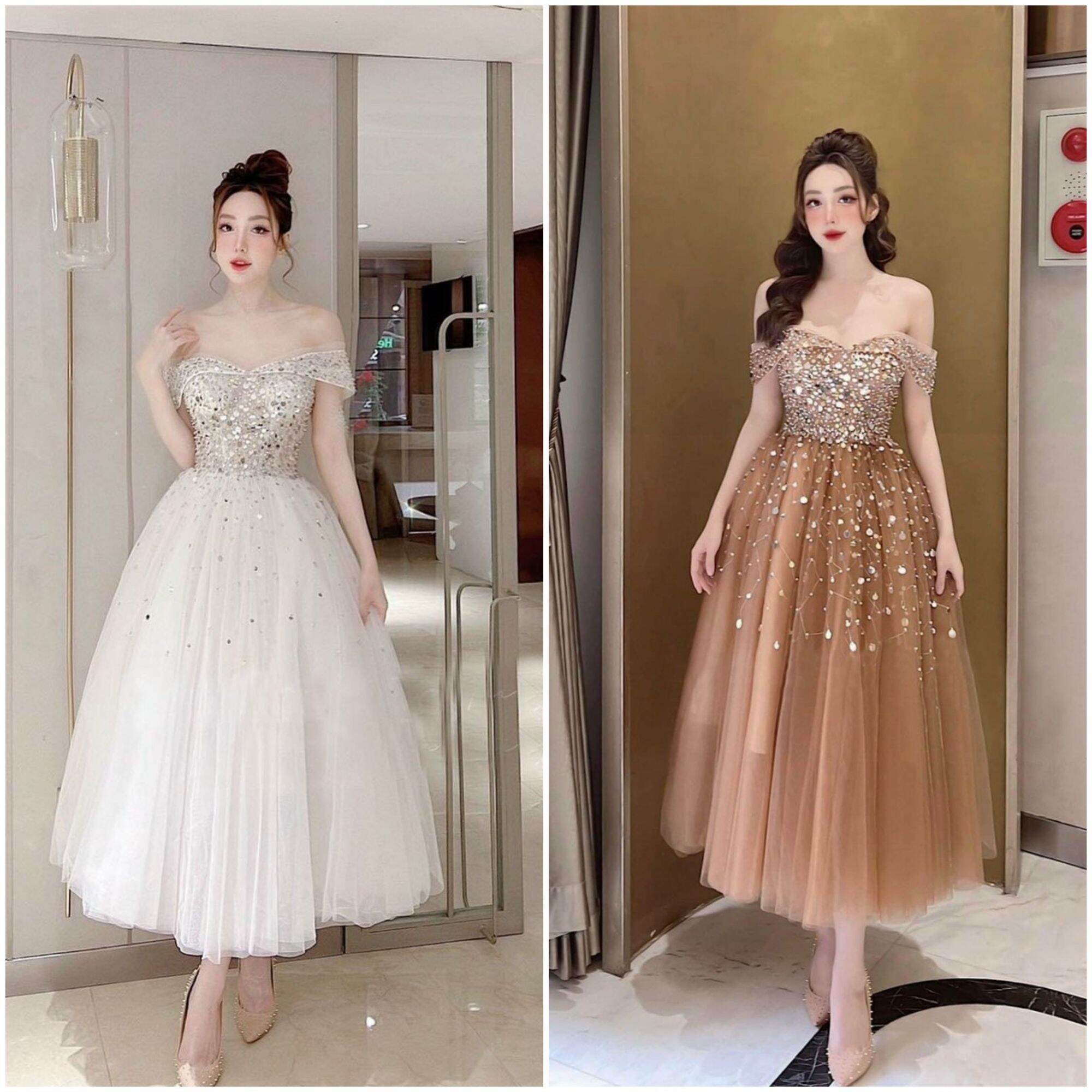Đầm váy xòe công chúa bẹt vai kết kim sa treo sang trọng xinh xắn