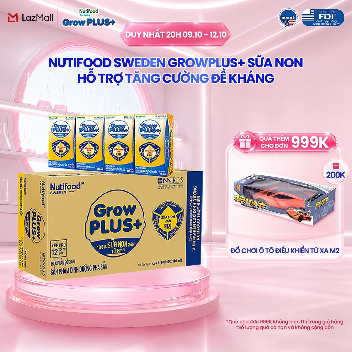 [Bao bì mới] Thùng Sữa Bột Pha Sẵn Nutifood GrowPLUS+ Vàng (Sữa Non Tăng Đề Kháng) 110ml - Trên 2 tuổi (48 Hộp x 110ml)