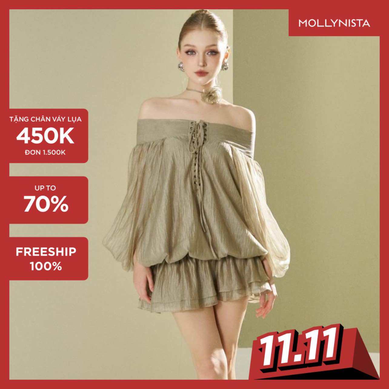 MOLLYNISTA (CHÍNH HÃNG) Đầm thiết kế rêu bẹt vai trễ eo kèm hoa cổ Freesize quyến rũ cao cấp nữ tính