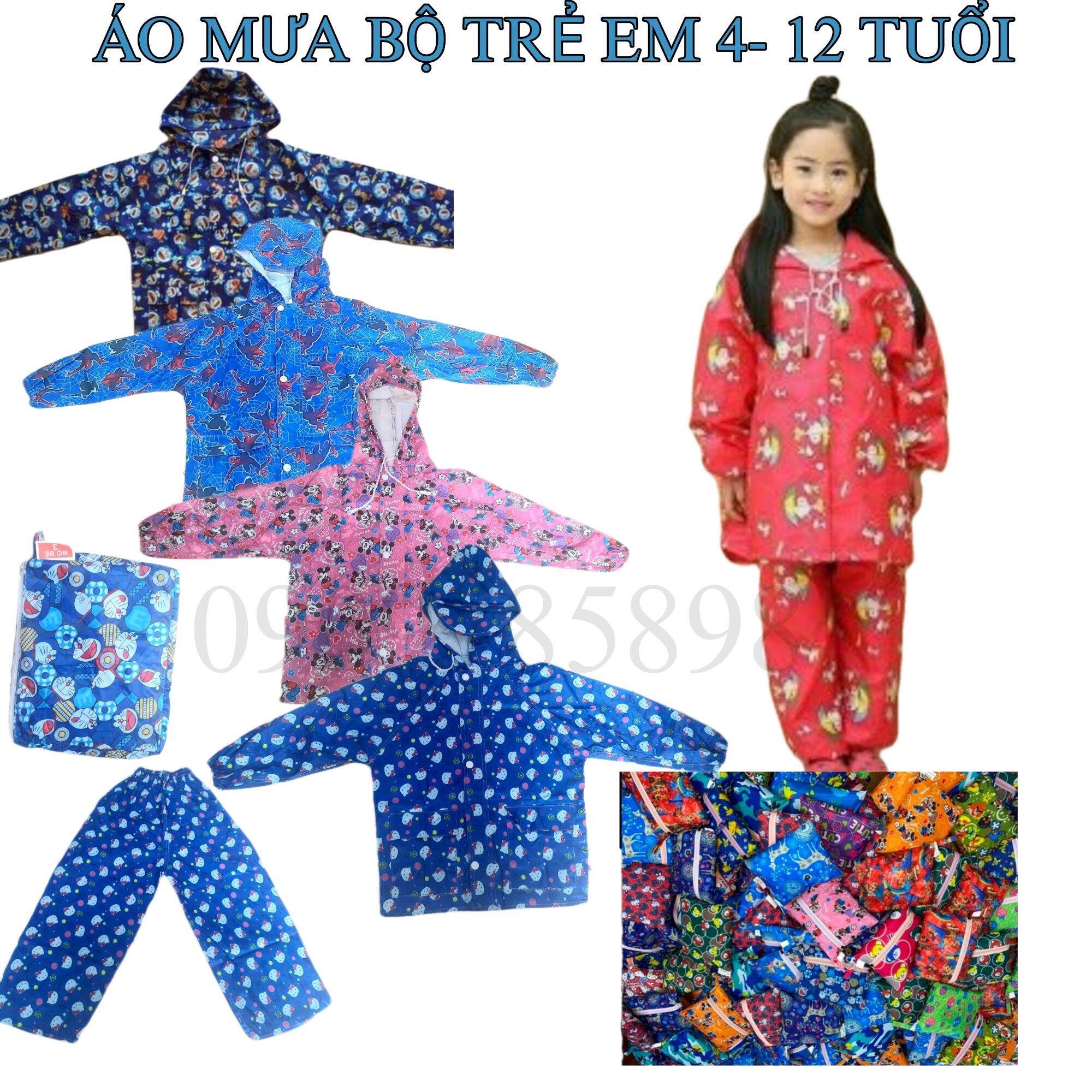Bộ áo mưa trẻ em cho bé 4-12 tuổi, vải dù dày dặn, dùng nhiều lần
