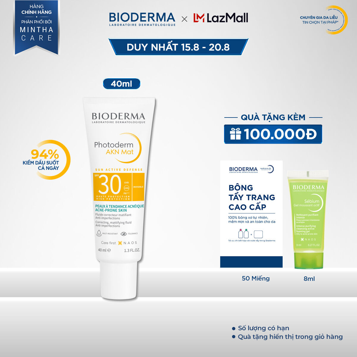 Kem chống nắng dành cho da hỗn hợp, da dầu và da mụn Bioderma Photoderm AKN Mat SPF30 - 40ml