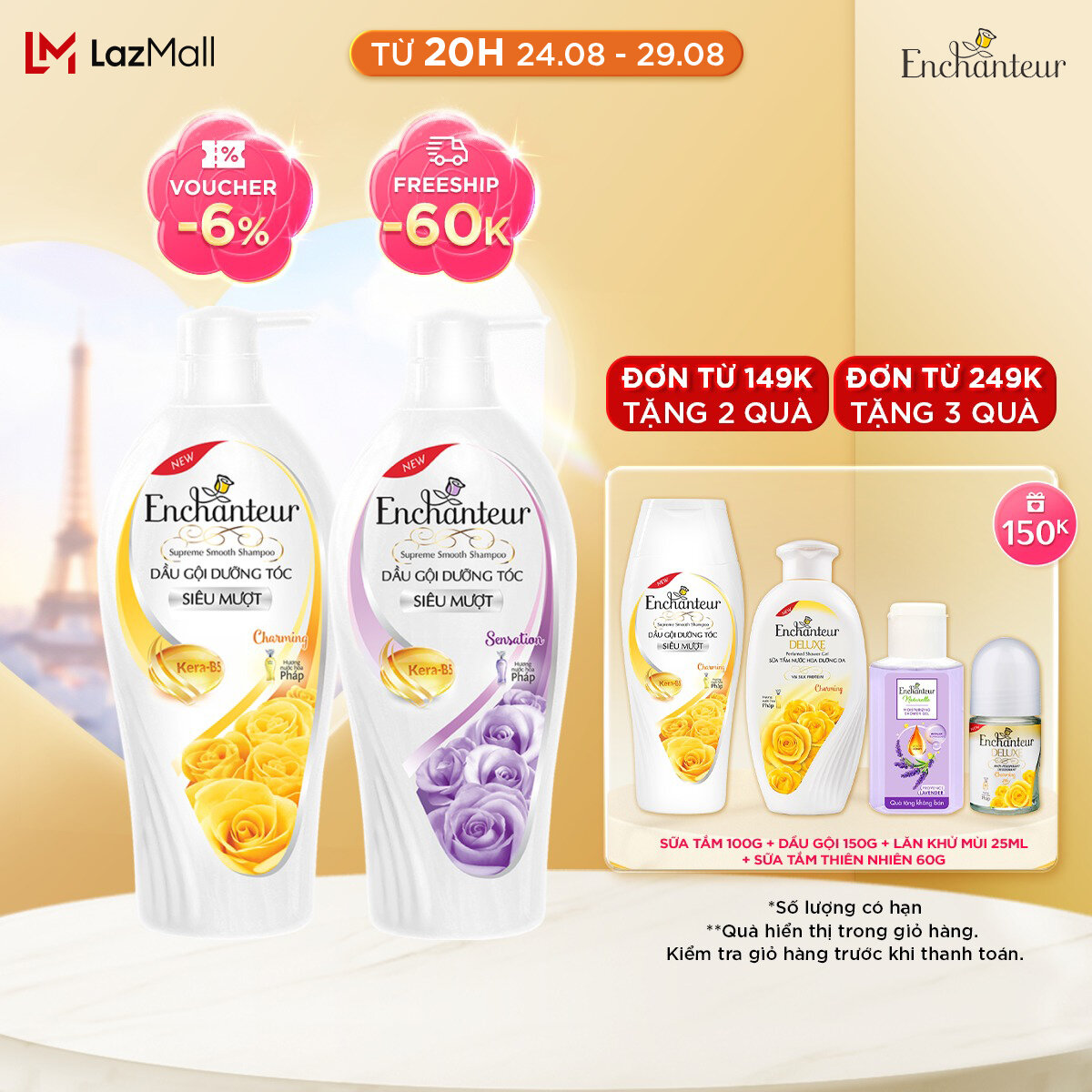 Dầu gội dưỡng tóc siêu mượt Enchanteur Charming/Sensation Keratin 650g