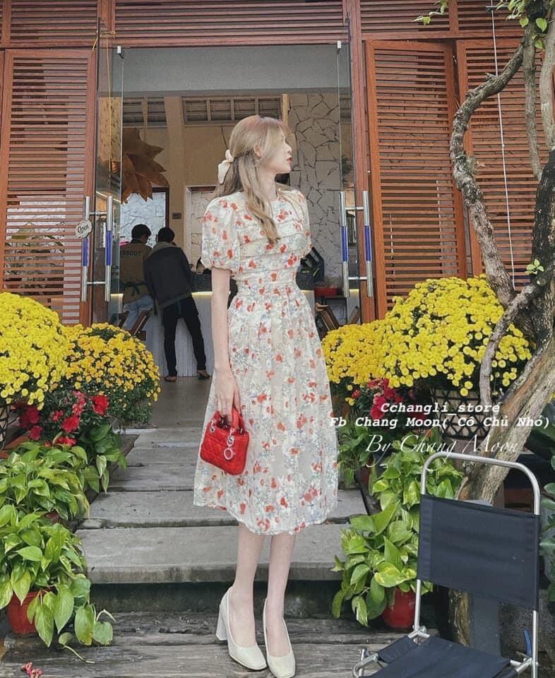 Váy hoa xếp ly ngực tay bồng dn01