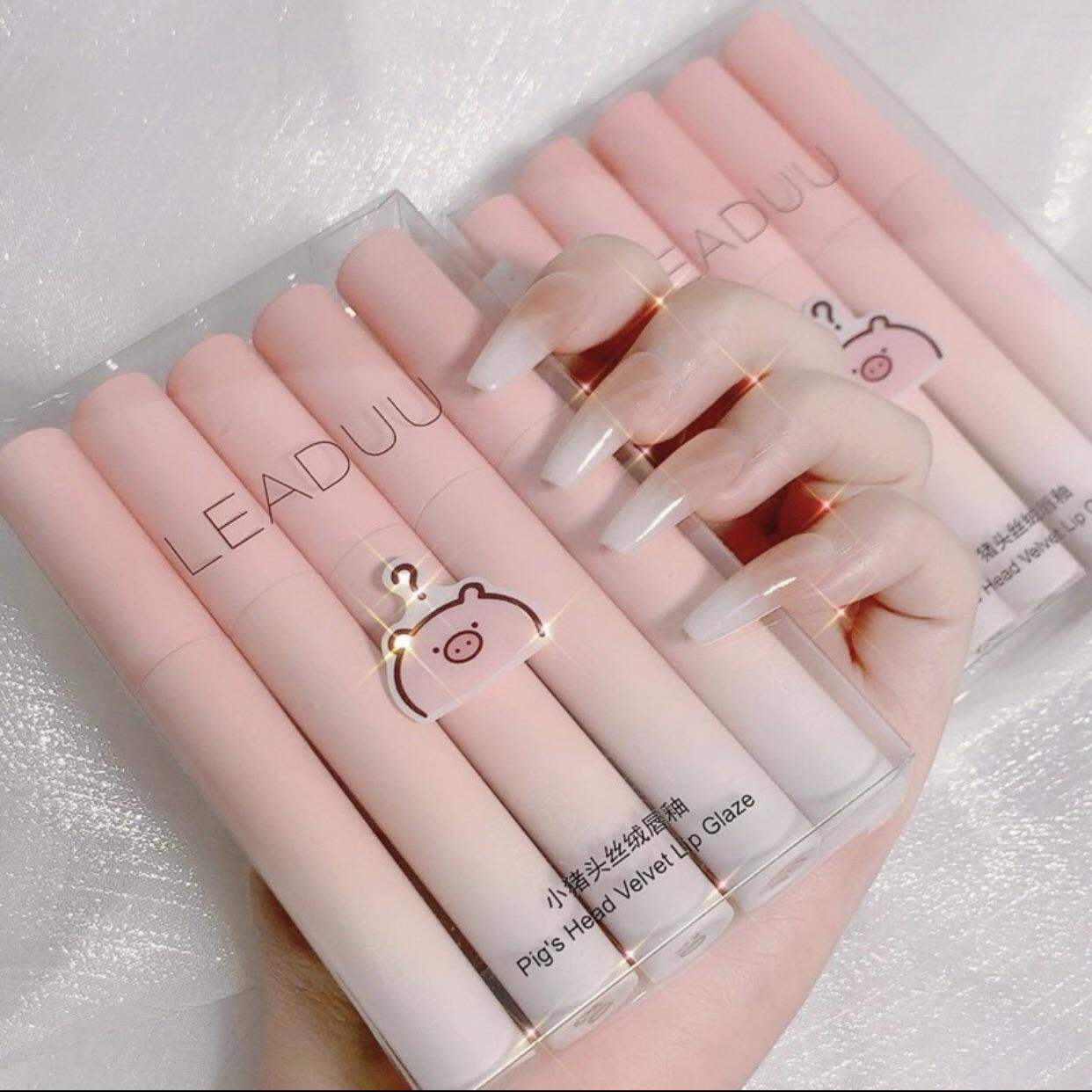 Bộ Son Kem Lì 5 Cây Đầu lợn Leaduu Hồng Không Dính Cốc Set Son Kem Mịn Lì Nội Địa Trung Chống Thấm Nước