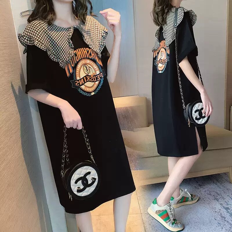 Váy T-shirt Cộc Tay Cổ Búp Bê Ghép Phối Nổi Tiếng Trên Mạng Váy Liền Mẫu Dài Cỡ Lớn Rộng Rãi Phong Cách Hàn Quốc 2023 Siêu Hot Instagram Mùa Hè Cho Nữ