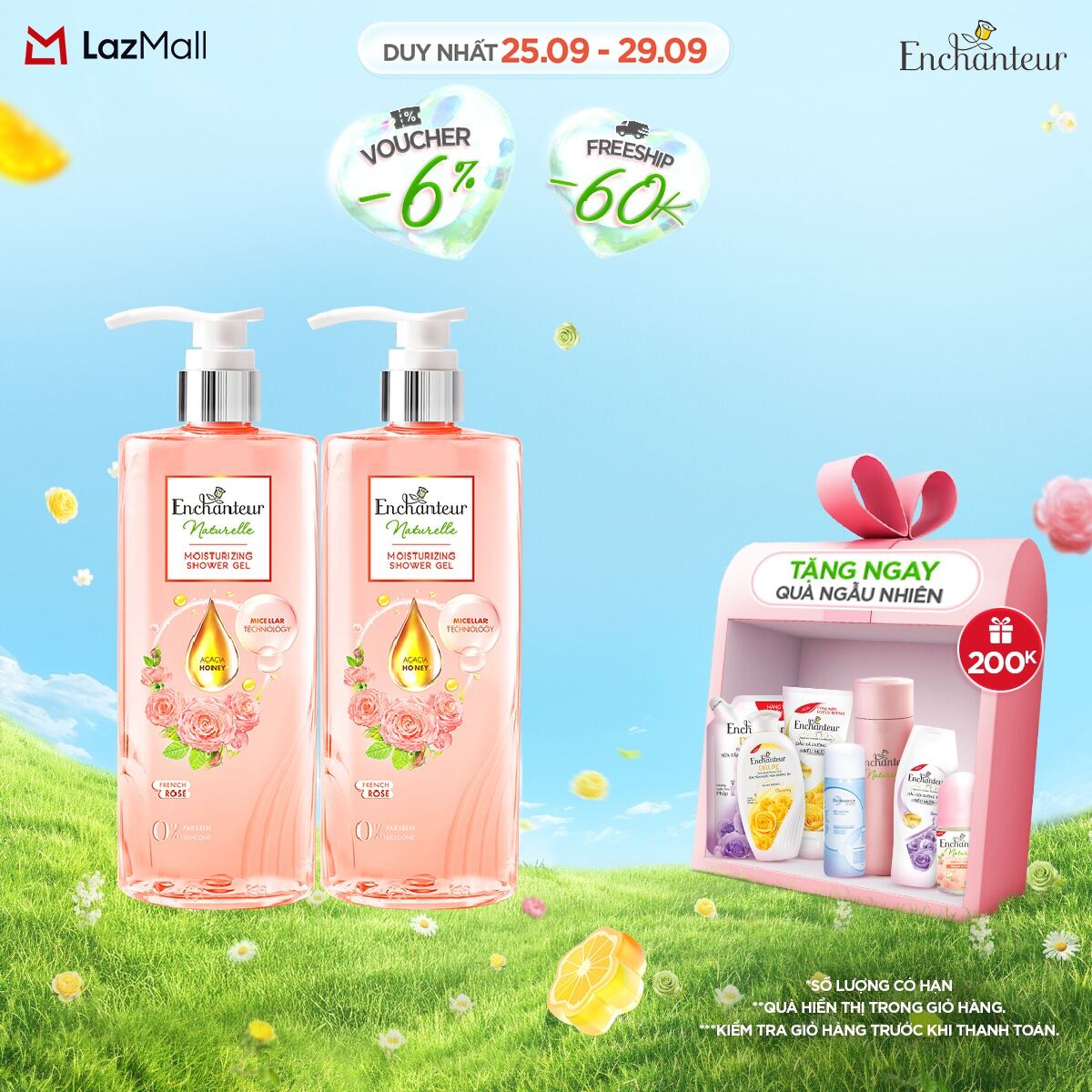 Combo 2 Sữa tắm dưỡng da thiên nhiên Enchanteur Naturelle hương hoa hồng Pháp 510gr