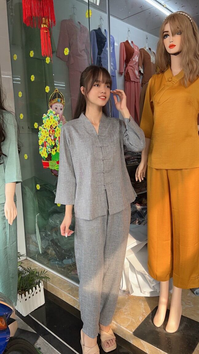 Đồ lam đi chùa nữ, đồ phật tử Vải linen bố kiểu bà lai