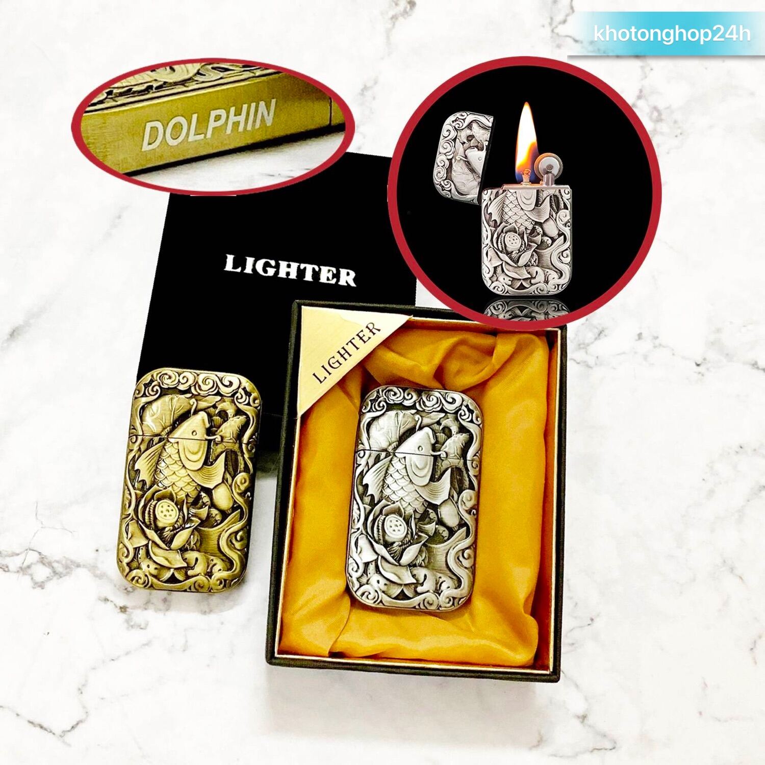 Bật Lửa Hộp Quẹt Zippo khắc hình nổi Cá Chép xài Xăng - KHOTONGHOP24H