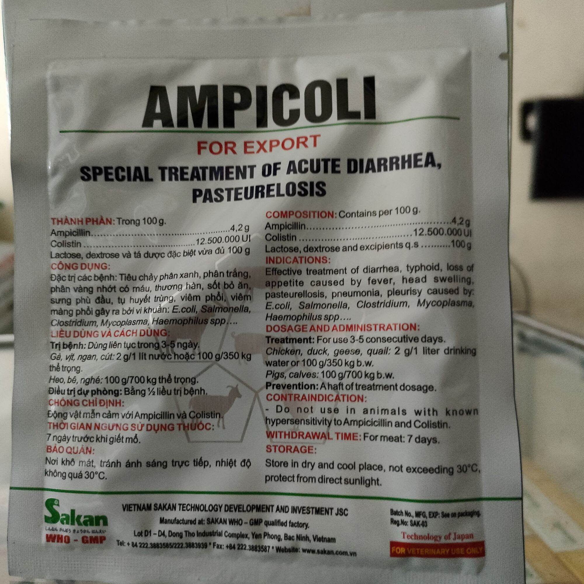 Ampi coli 50g dùng trong thú y( phân xanh, phân trắng, tiêu chảy cấp...)