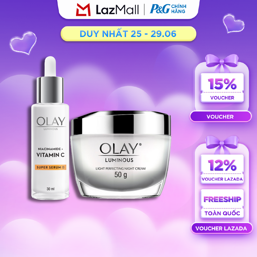 Combo Kem Dưỡng Ban Đêm OLAY Luminous Niacinamide VITAMIN C Giúp Mờ Vết Thâm, Đốm Nâu, Dưỡng Sáng Da Chai 30ML + Kem Dưỡng Ban Đêm OLAY LUMINOUS Dưỡng Sáng Da Hũ 50G