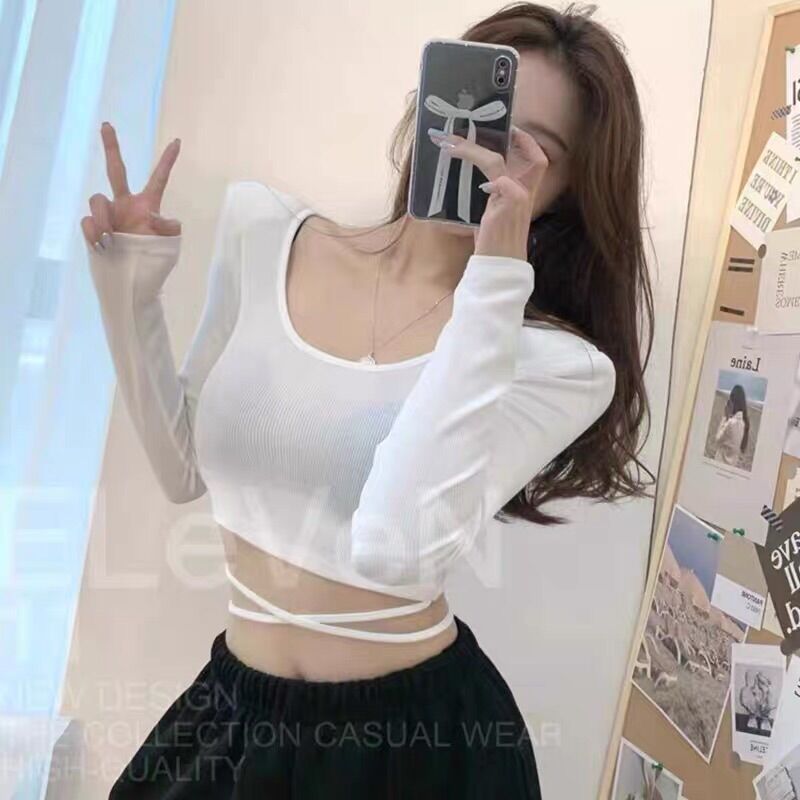 Áo kiểu croptop tay dài cổ U phối dây thắt bụng cá tính