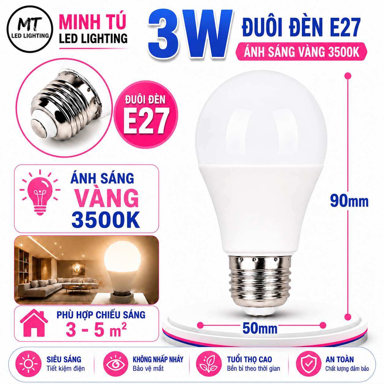 Bóng Đèn LED Bulb E27 3W 5W 7W 9W 12W - Ánh Sáng Trắng 6500K/Vàng 3500K - Tiết Kiệm Điện Chiếu Sáng Gia Đình