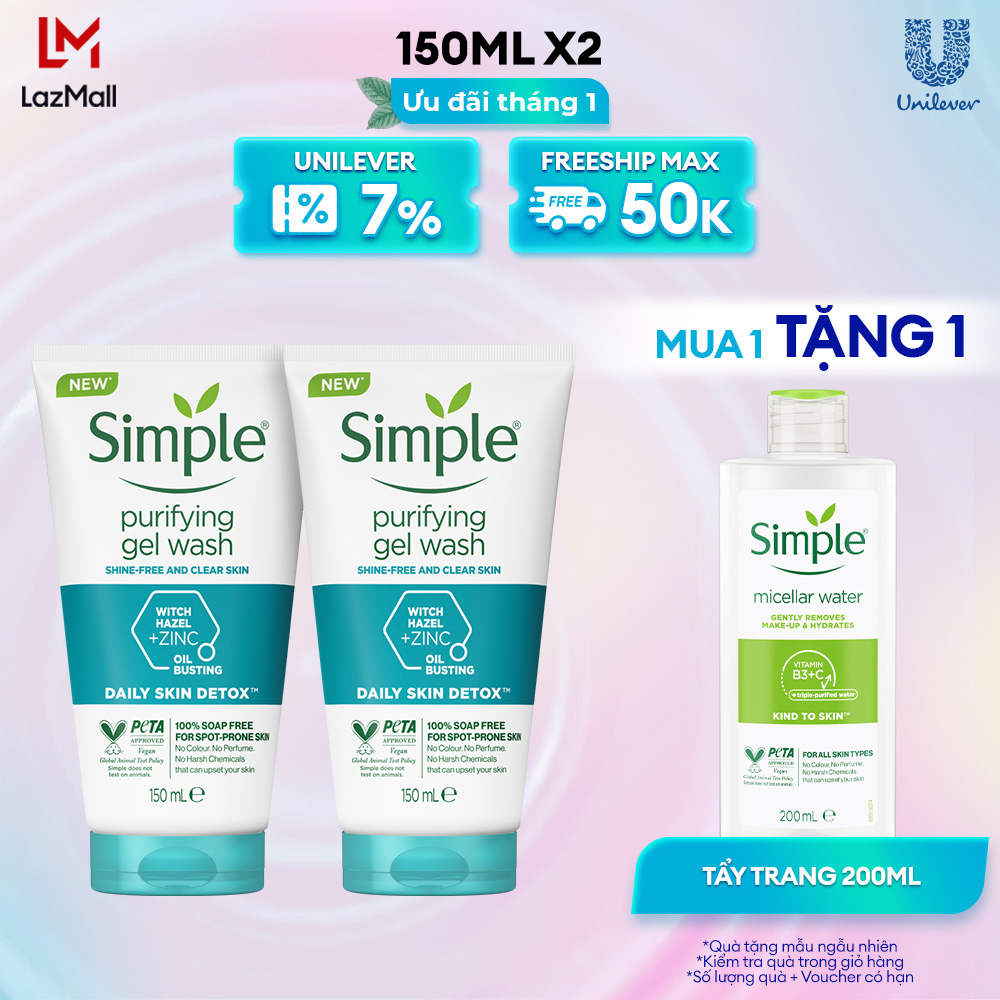 Combo 2 Sữa rửa mặt Simple giúp kiềm dầu và ngừa mụn hiệu quả - cho da dầu mụn 150ml/chai [CHÍNH HÃNG ĐỘC QUYỀN] [DIỆN MẠO MỚI]