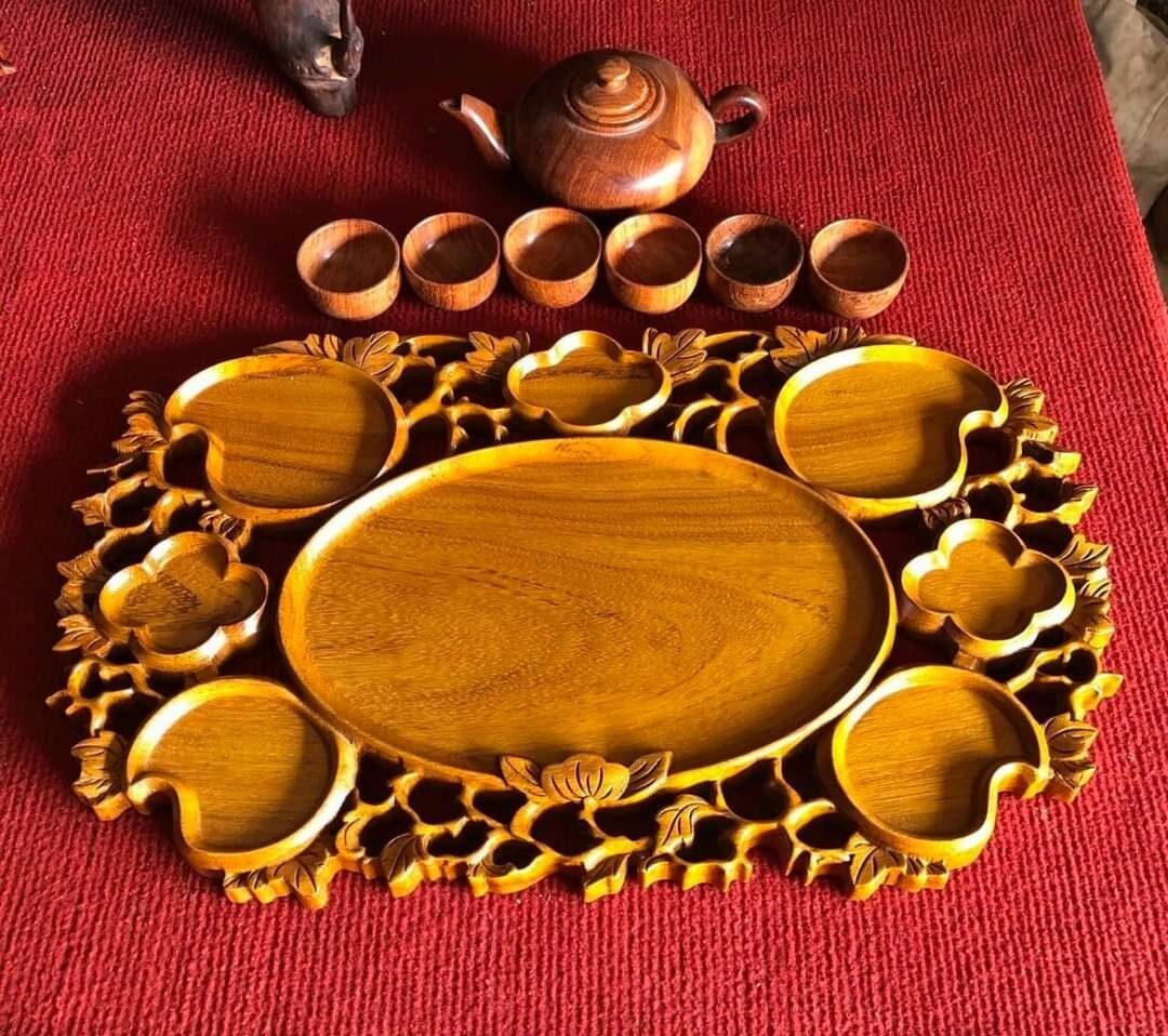 KHAY TRÀ QUẢ ĐÀO GỖ GỤ 50x30cm