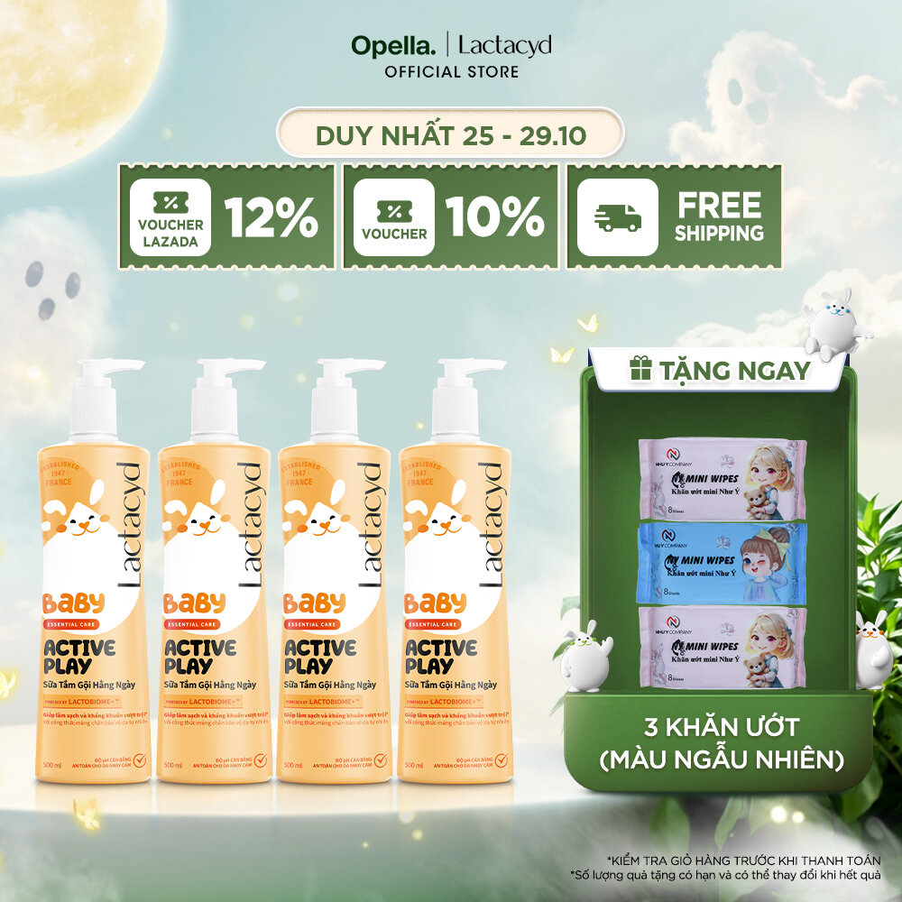 Bộ 4 Sữa Tắm Gội Hằng Ngày Cho Bé Lactacyd Baby Active Play, Giúp Đề Kháng Da Và Bảo Vệ Bé Khỏi Vi Khuẩn 500ml