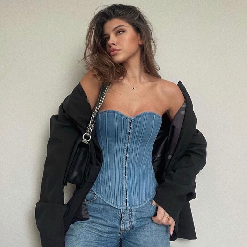 Cay Cô Gái Dây Denim Top Phong Cách Âu Mỹ Ngực Cúp Eo Tiết Lộ Áo Vest Cổ Bể Cho Phụ Nữ Trung Niên