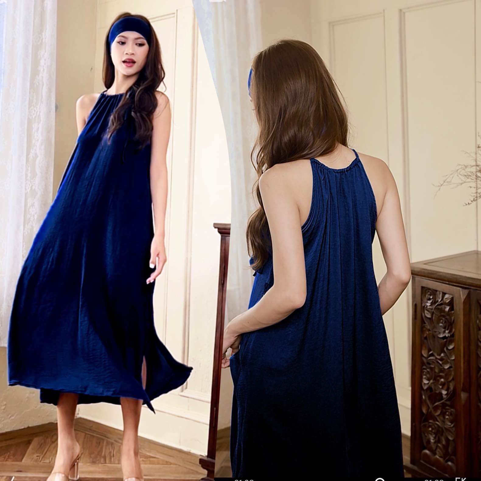 Đầm lụa suông cổ yếm kèm dây buộc eo nữ tính Infashion
