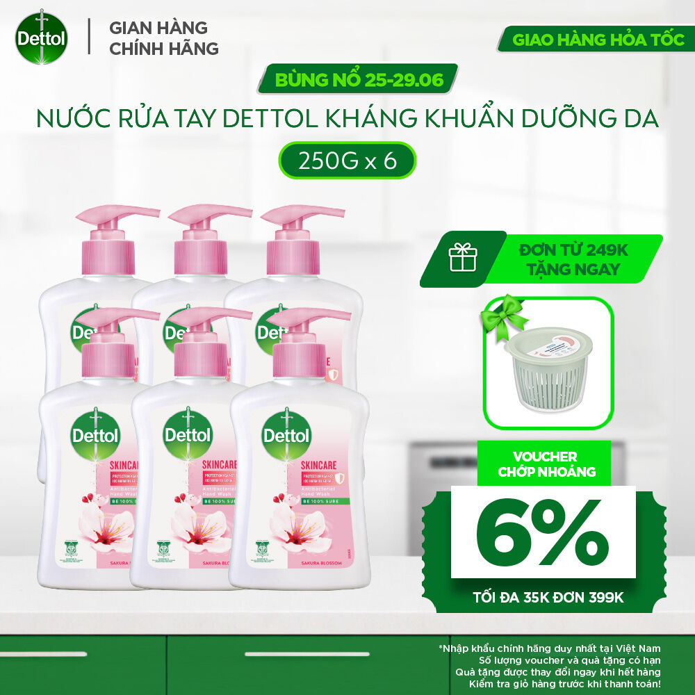 Combo 6 chai nước rửa tay Dettol kháng khuẩn dưỡng da - Chai 250g/Chai