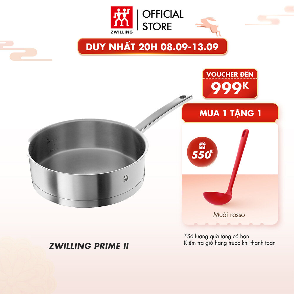 Chảo chống dính ZWILLING Prime II  24cm/6L - bằng thép không gỉ không tráng phủ nắp kính khóa ẩm tay