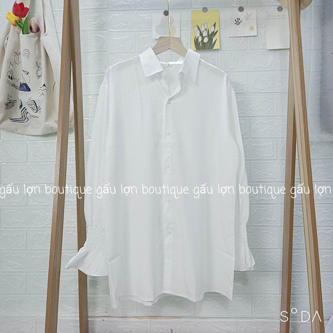 áo sơ mi trắng oversize tay bo chun ảnh thật