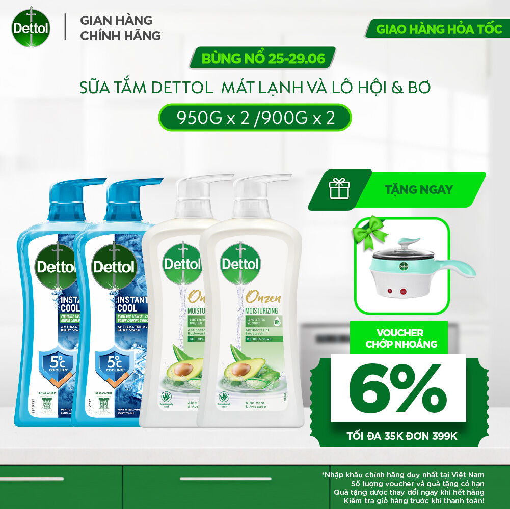 Combo 4 chai sữa tắm Dettol: 2 chai mát lạnh tức thì 950g và 2 chai Lô hội  Bơ 900g