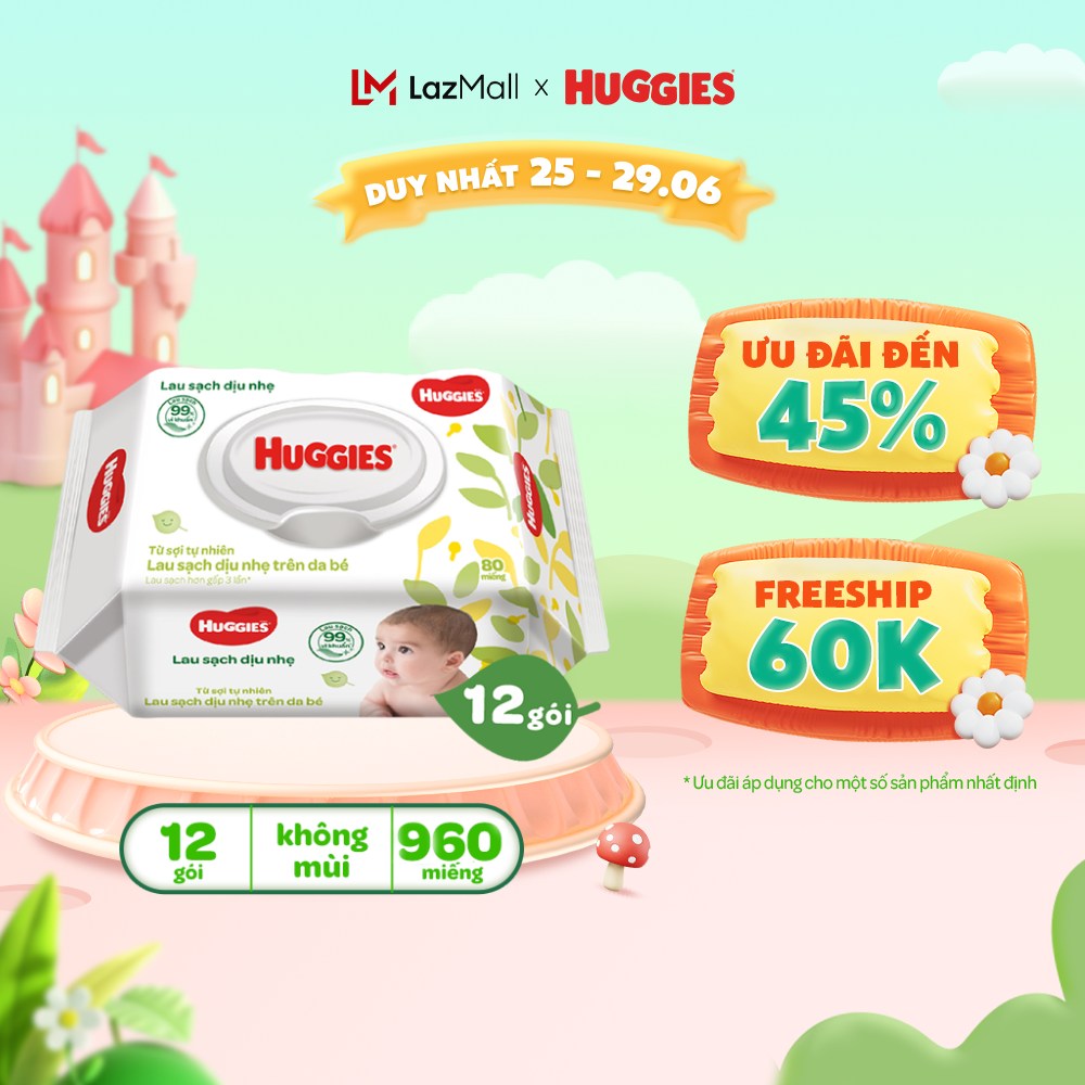 Thùng 12 gói khăn giấy ướt không mùi cho trẻ sơ sinh HUGGIES