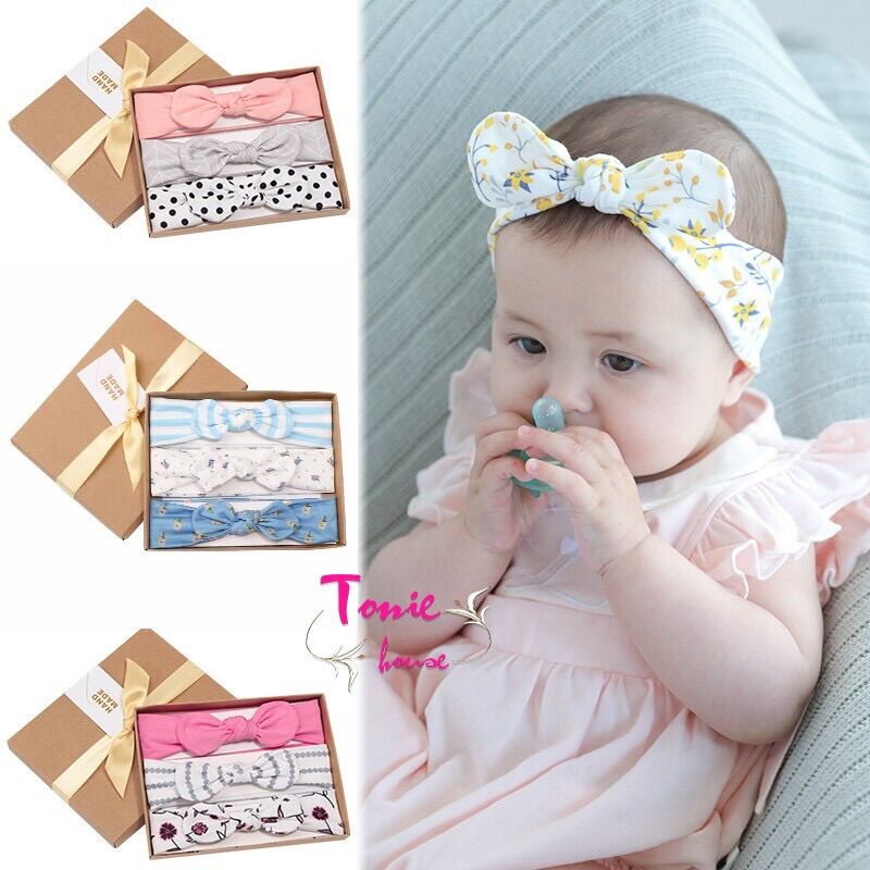 Set 3 turban cotton thắt nơ handmade cực yêu cho bé