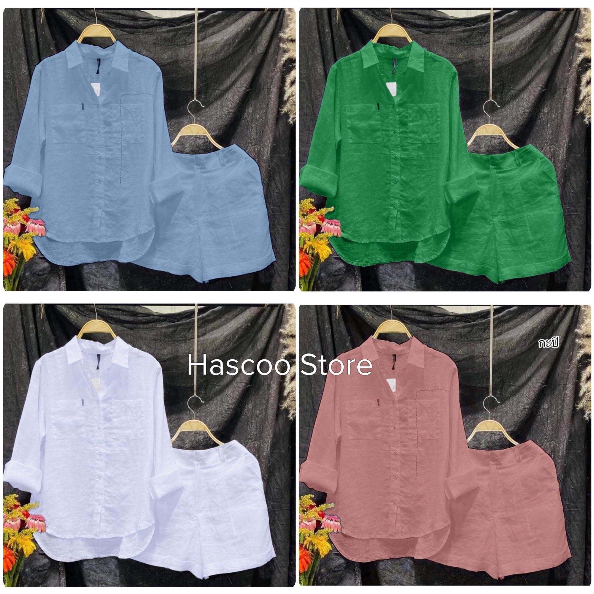 Đồ Bộ Nữ, Bộ Đũi Nữ, Áo Dài Tay, Quần Cộc, Vải Đũi Cao Cấp Không Nhăn, Quần Lưng Thun Mặc Nhà, Mặc Đi Chơi Hascoo