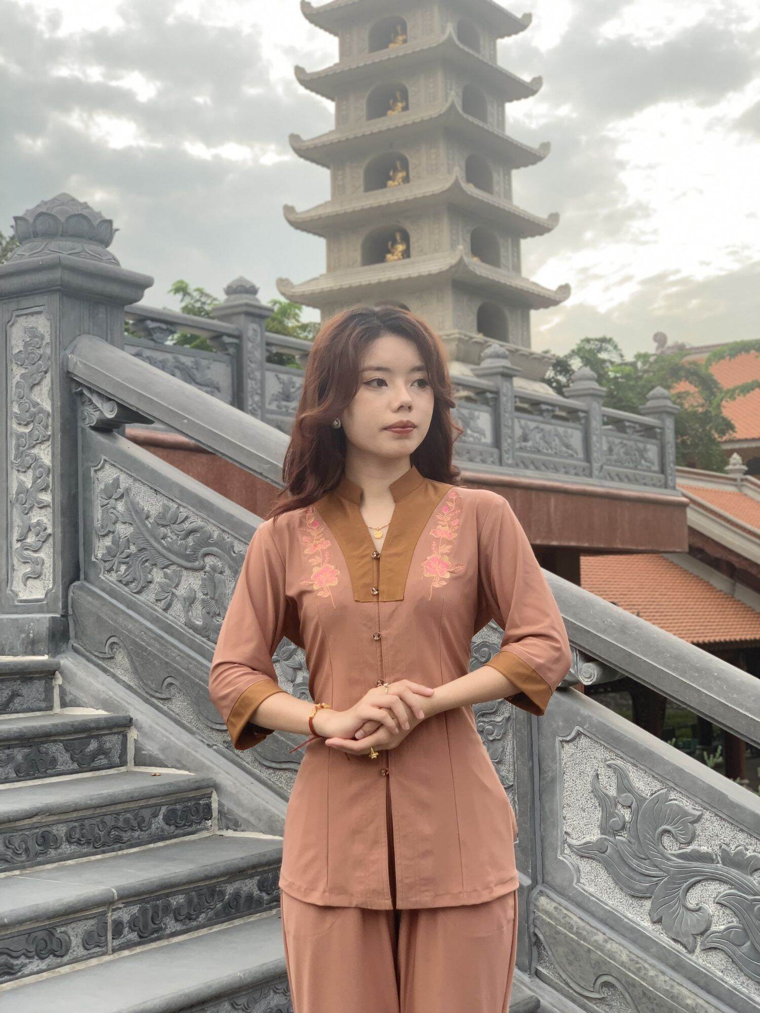 ĐỒ LAM ĐI CHÙA MẪU NỮ THUN PHỐI CHỮ Y LOẠI 1