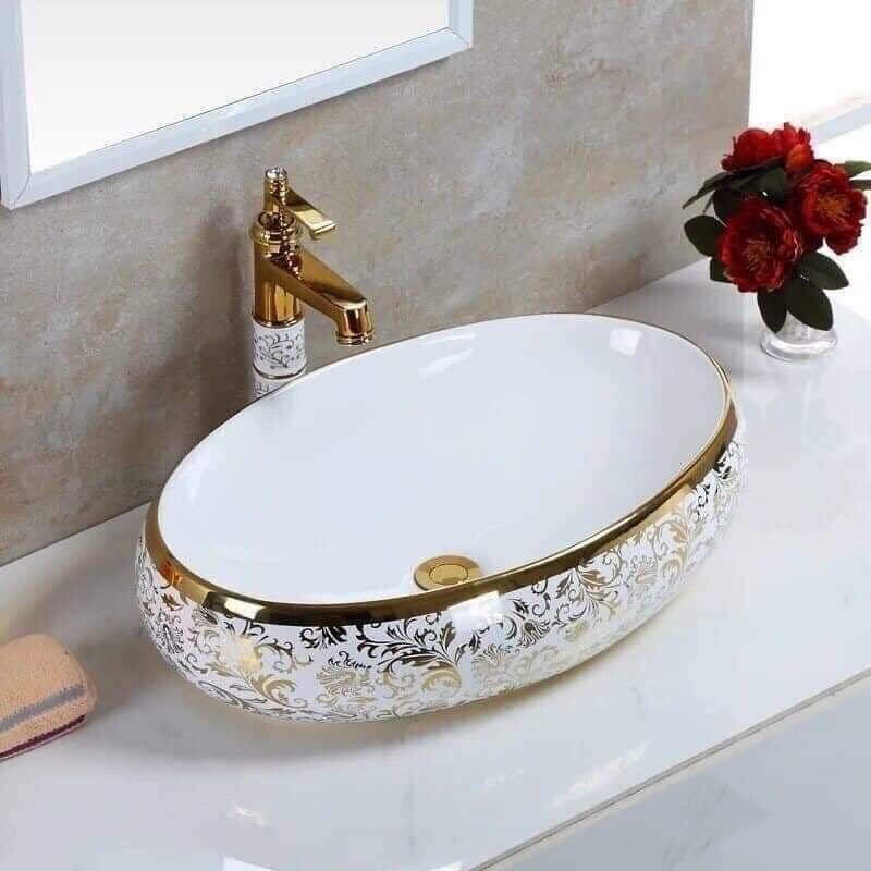 Chậu lavabo rửa mặt, In Hoa Vàng, kiểu dáng oval. Kiểu sang trọng