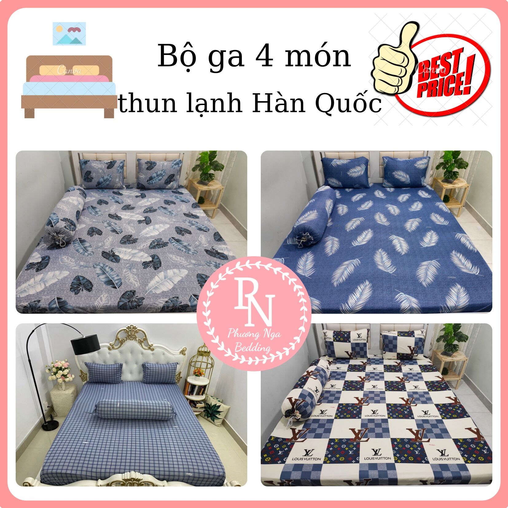Bộ ga 4 món thun lạnh Hàn Quốc họa tiết