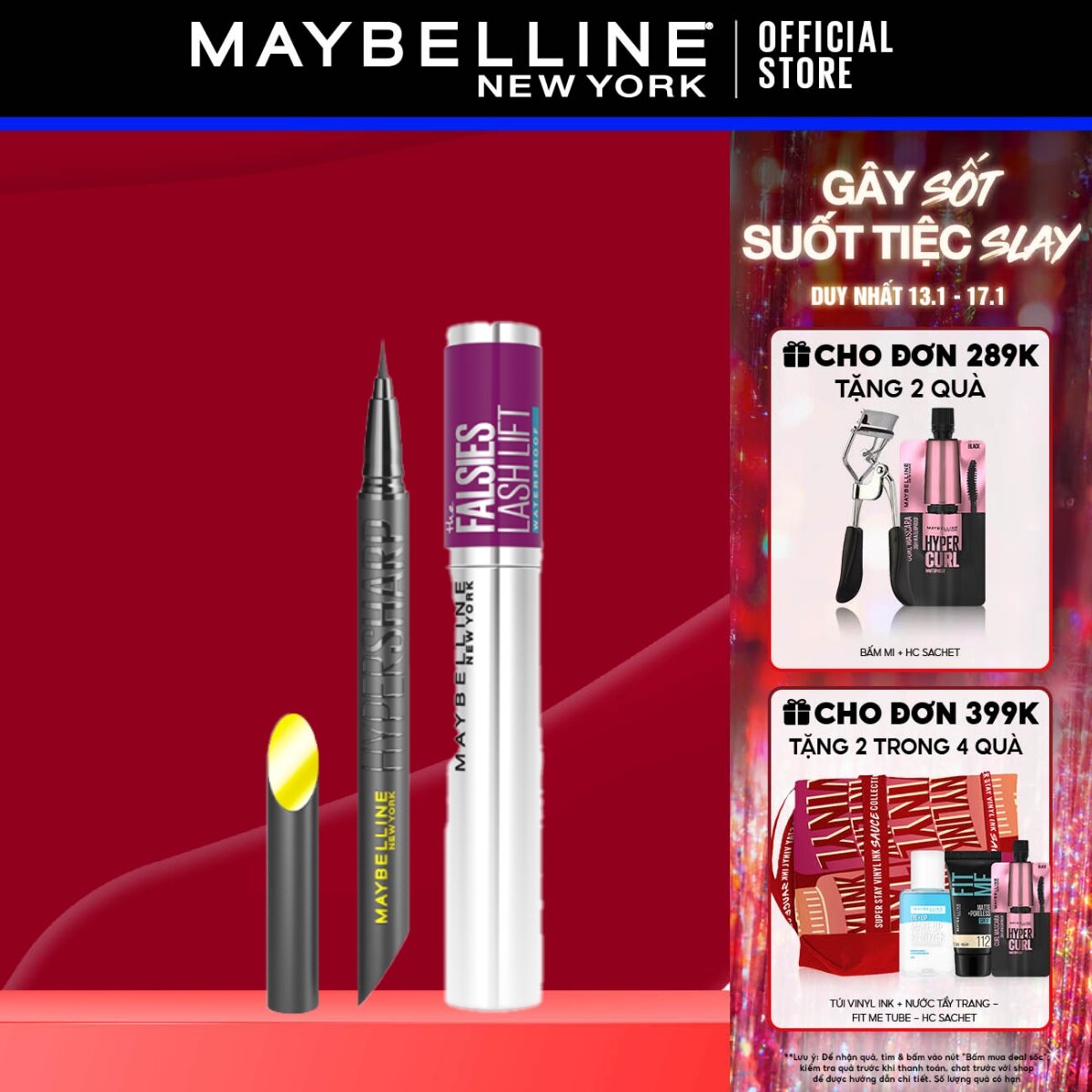 Bộ trang điểm Bút kẻ mắt nước siêu sắc mảnh Hyper Sharp, Mascara Uốn Mi, Nâng Mi và Làm Dày Mi Falsies Lash Lift Maybelline New York