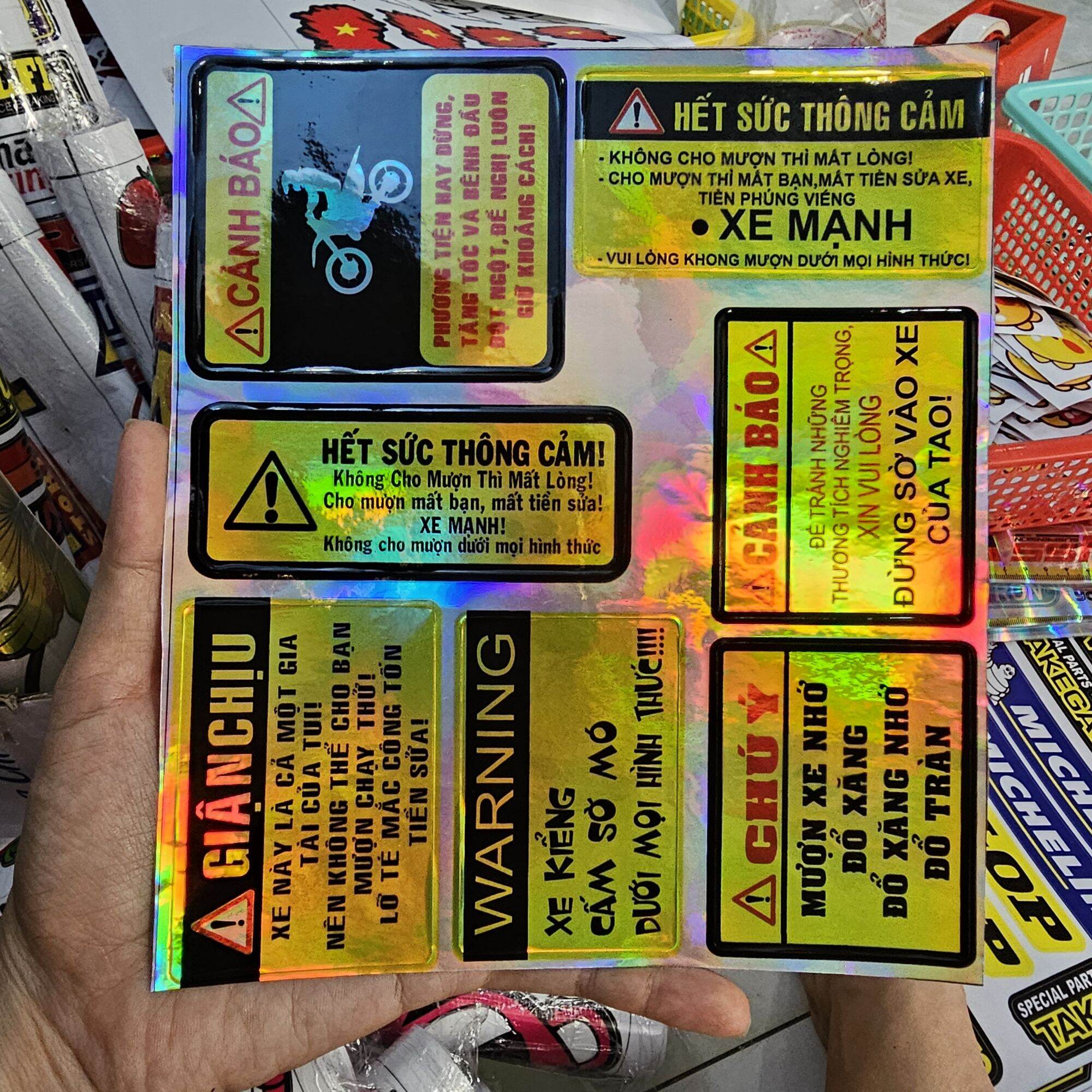 Combo 7 tem logo cảnh báo 7 màu dán trang trí xe máy