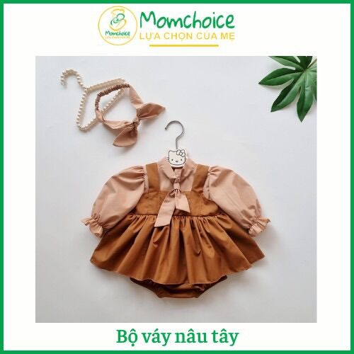 Bodysuit Váy Nâu Tây Bé Gái [MOMCHOICE] Body Trẻ Em Kèm Turban Từ ss- 13kg. Chất Thô Boi Thấm Mồ Hôi, Thoáng Mát.