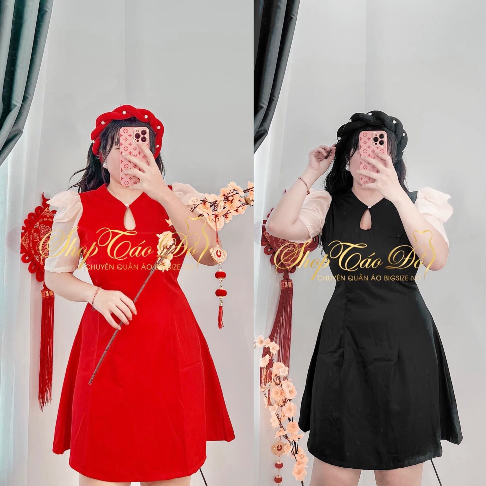 (Shop Táo Đỏ Bigsize 50kg-90kg) Đầm Tết kèm mấn màu đỏ, đen