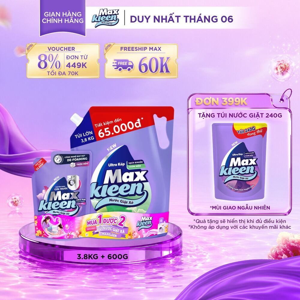 Combo Nước giặt xả MaxKleen Hương Vườn Sớm Mai: 1 Túi 3.8kg + 1 Túi 600g
