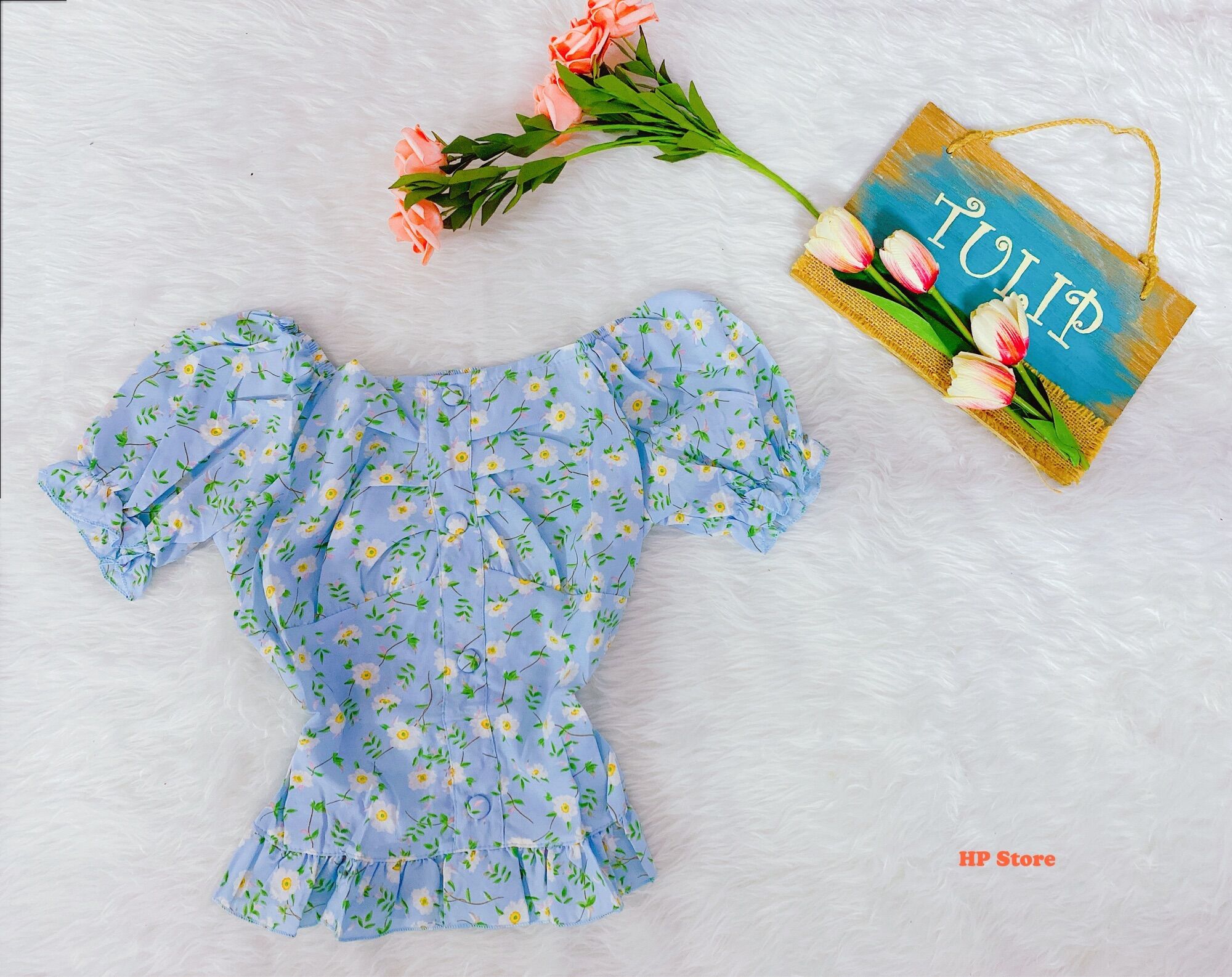 Áo hoa nhí đủ màu đính nút tay phồng xếp ly tiểu thư áo nữ thun sau co giãn chất lụa thái