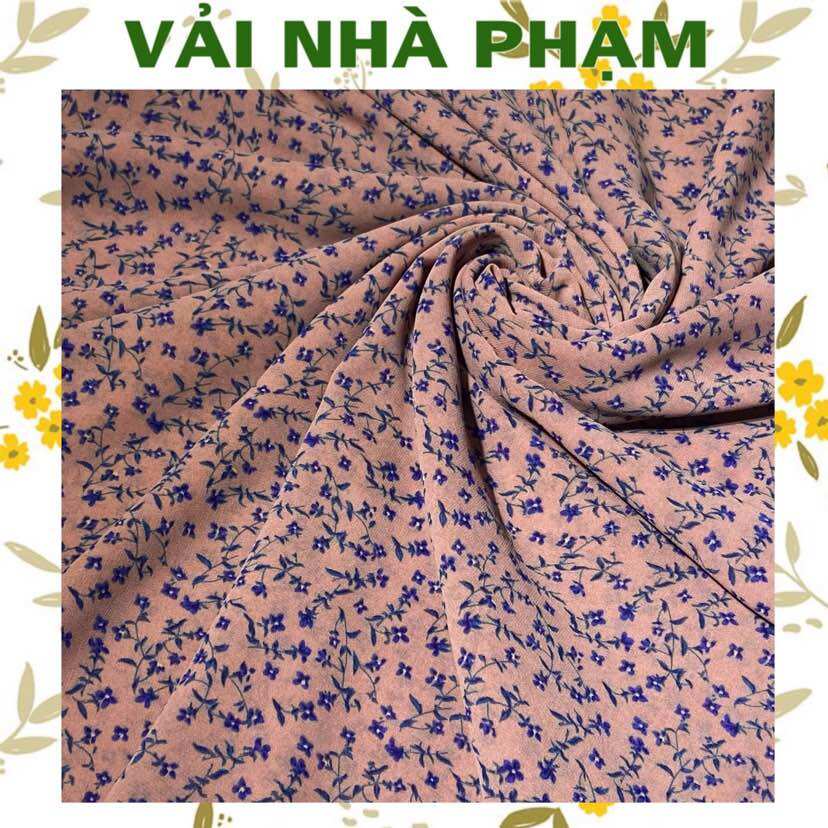 Vải voan chiffon nền hồng đất nhí xanh-khổ 1.5m-vải nhà phạm